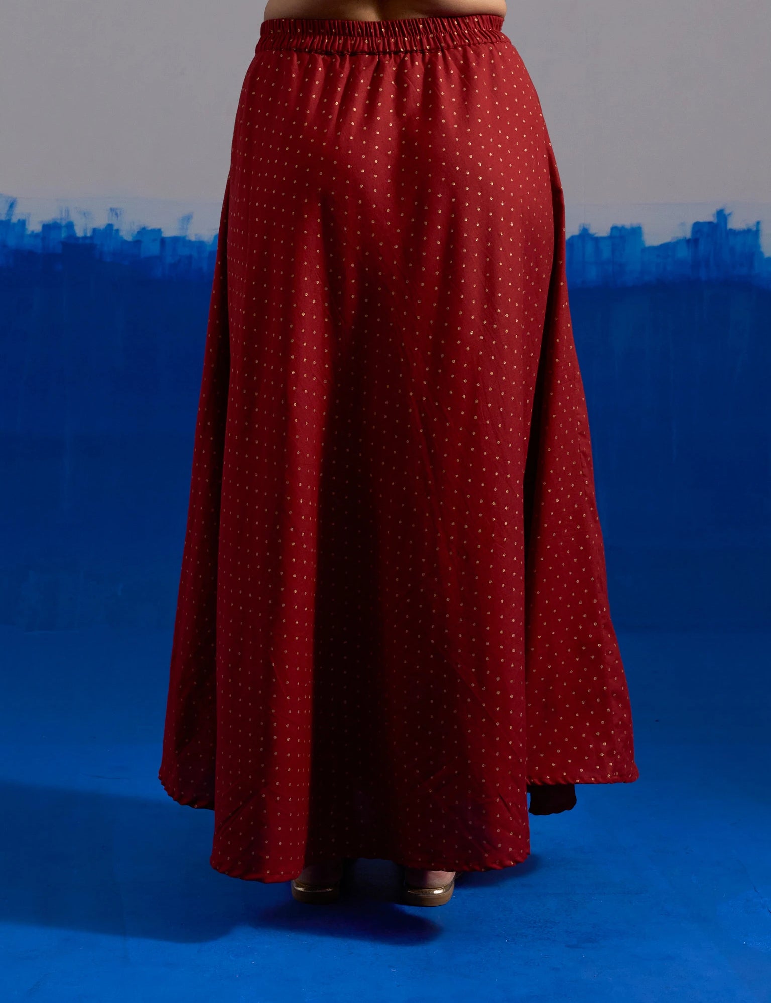 RA Studio Maroon Flared Skirt with Gold Dot Block Print Detailing