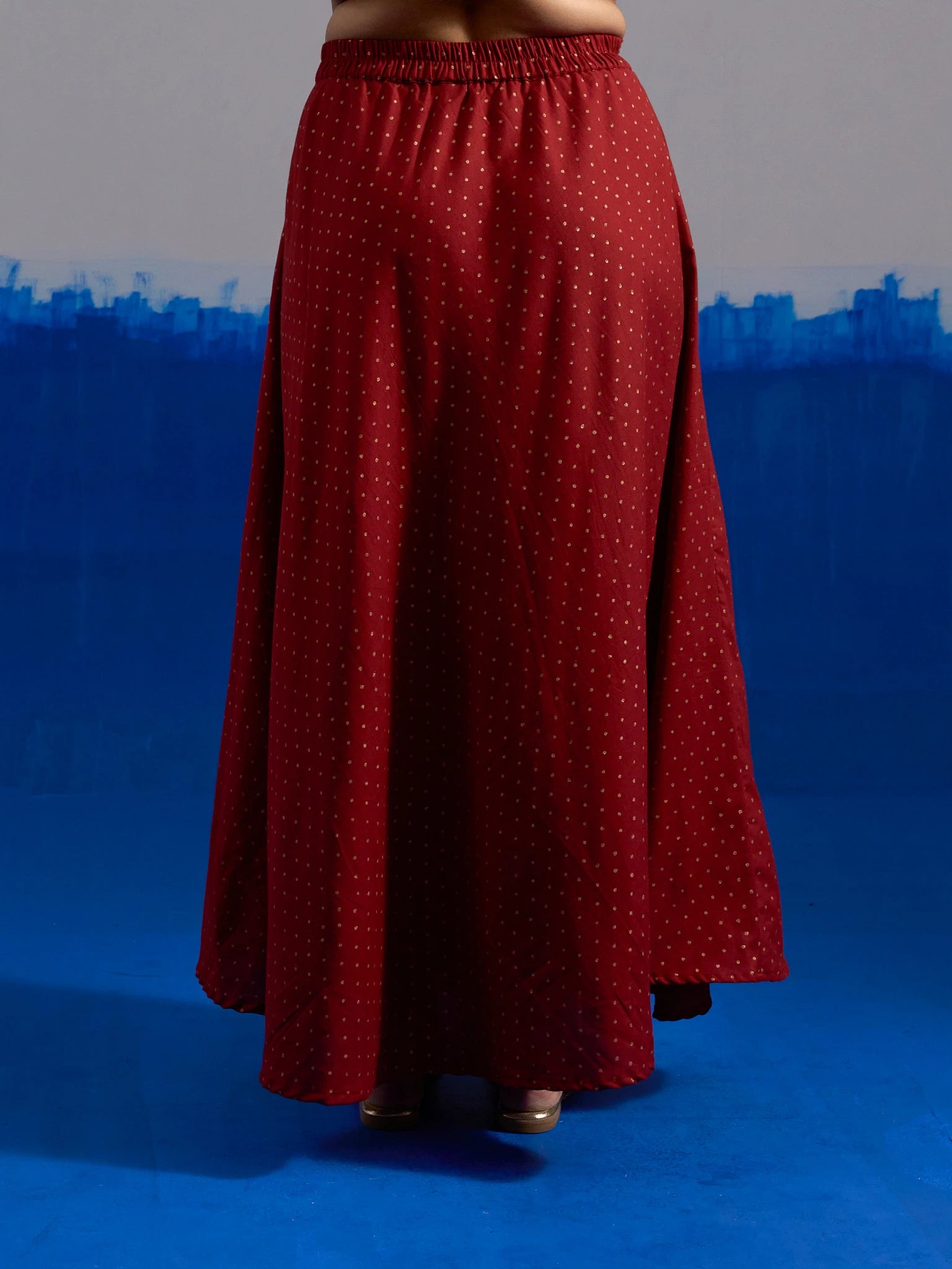 RA Studio Maroon Flared Skirt with Gold Dot Block Print Detailing
