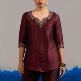 RA Studio Wine red Dupion Silk Tunic with Hand Embroidered Neckline and Sleeves