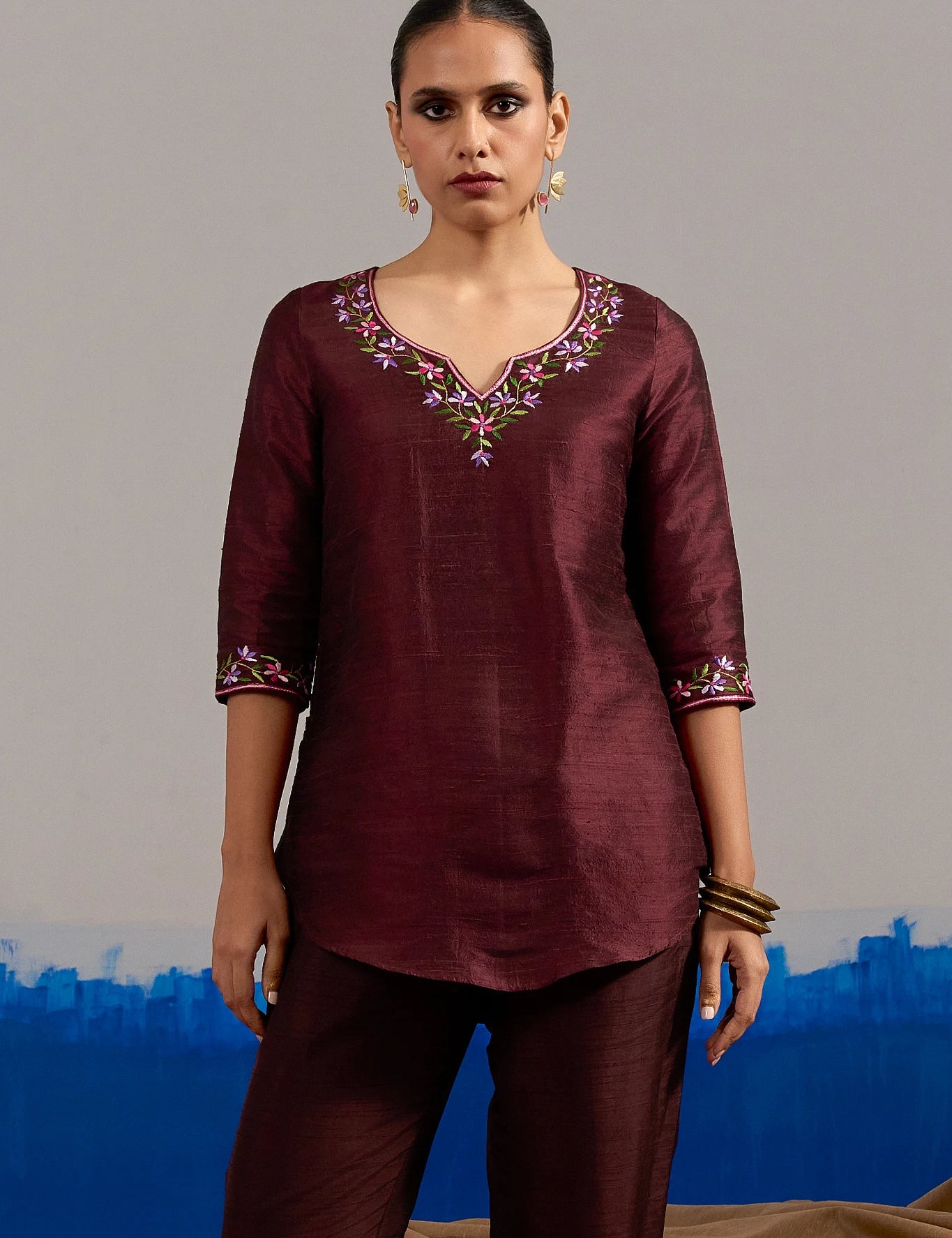RA Studio Wine red Dupion Silk Tunic with Hand Embroidered Neckline and Sleeves