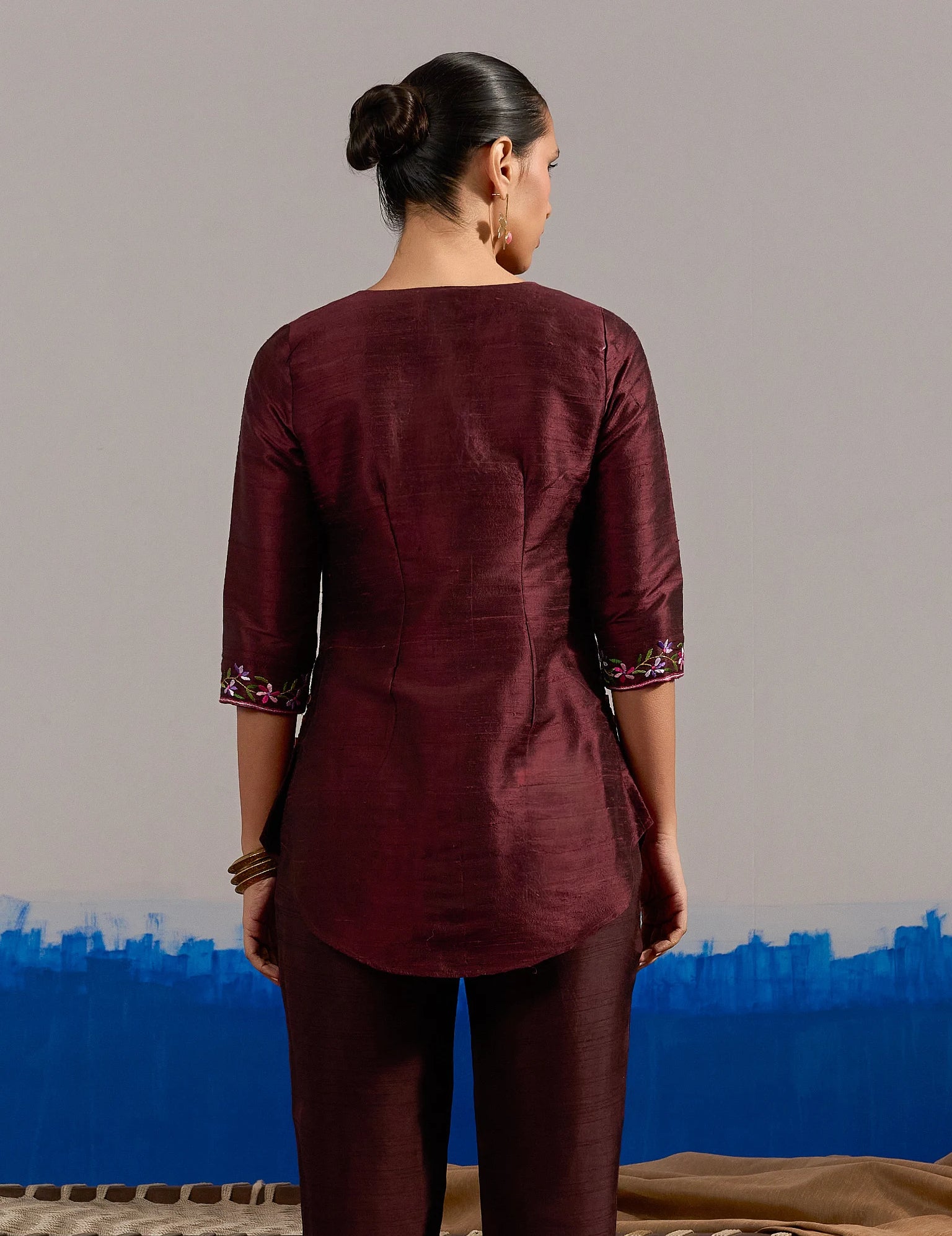 RA Studio Wine red Dupion Silk Tunic with Hand Embroidered Neckline and Sleeves