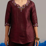 RA Studio Wine red Dupion Silk Tunic with Hand Embroidered Neckline and Sleeves