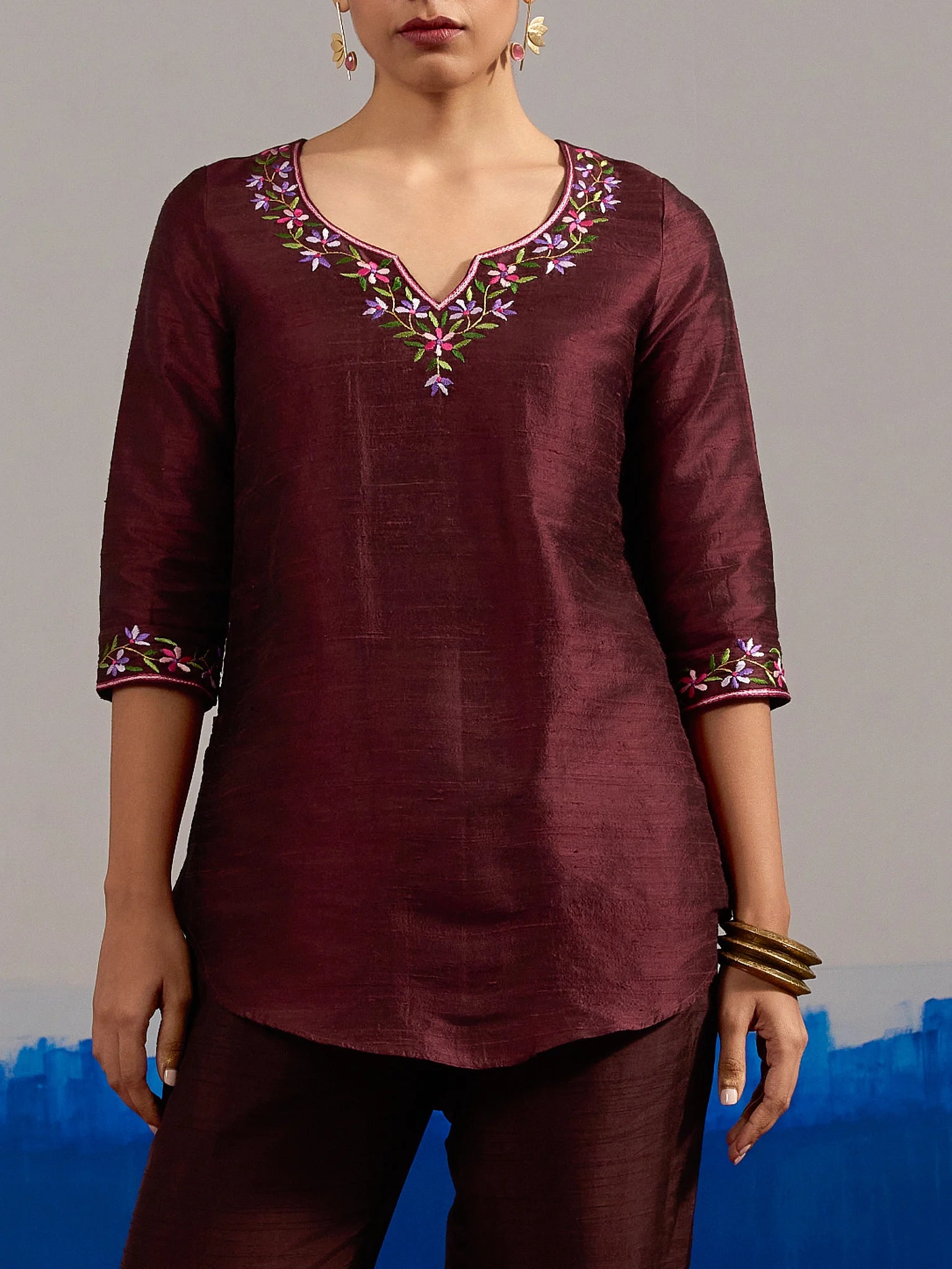RA Studio Wine red Dupion Silk Tunic with Hand Embroidered Neckline and Sleeves