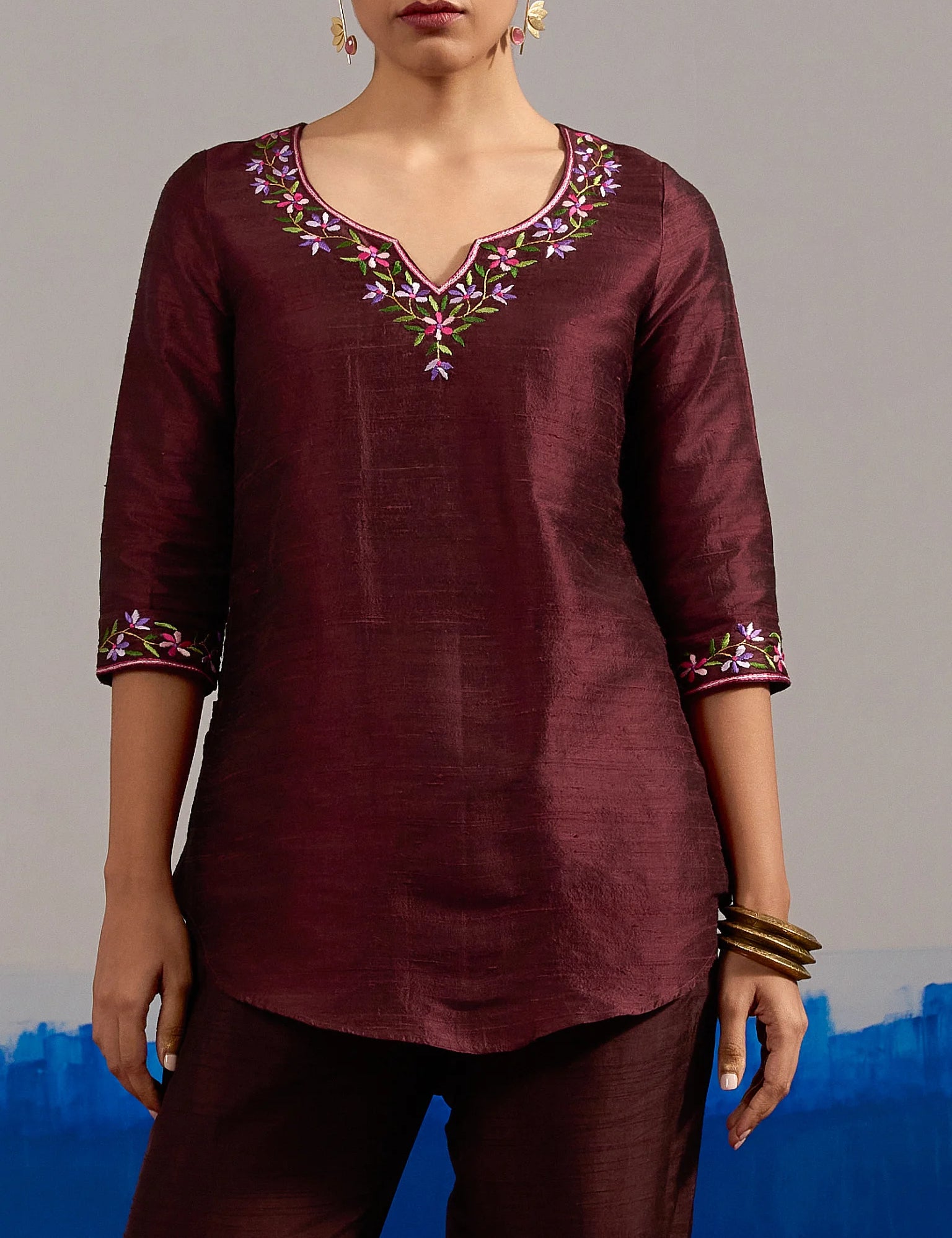RA Studio Wine red Dupion Silk Tunic with Hand Embroidered Neckline and Sleeves
