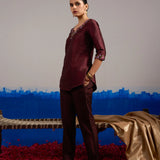 RA Studio Wine red Dupion Silk Tunic with Hand Embroidered Neckline and Sleeves