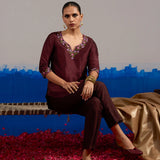 RA Studio Wine red Dupion Silk Tunic with Hand Embroidered Neckline and Sleeves