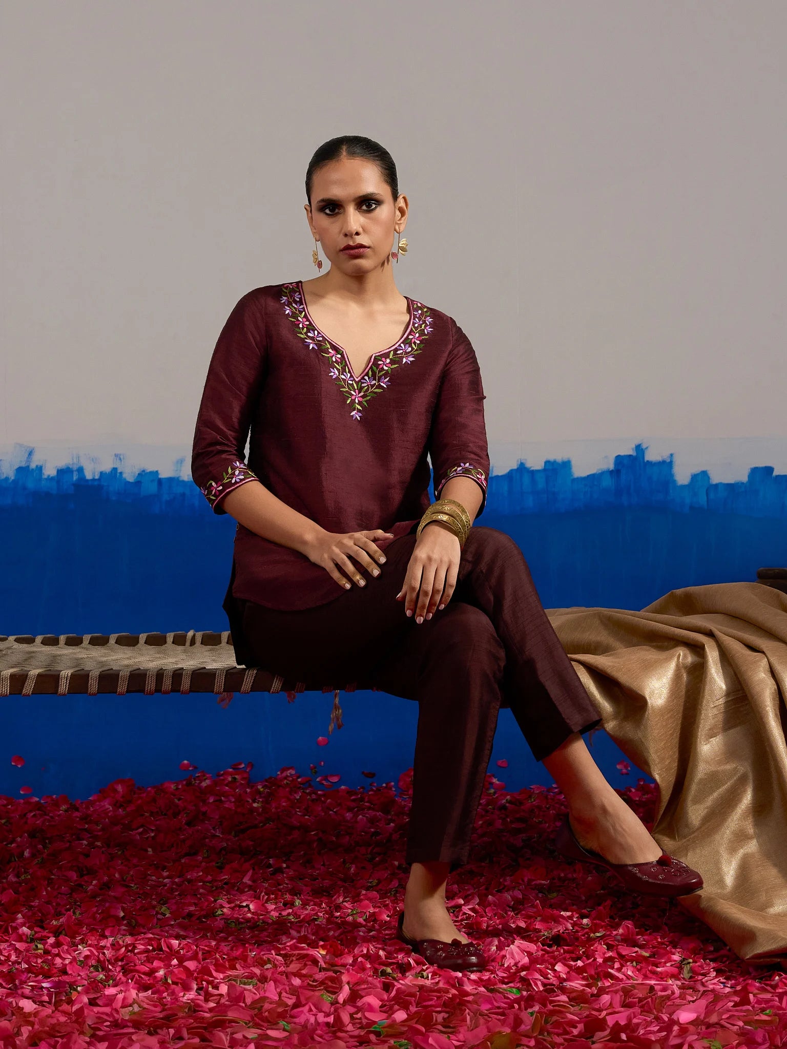 RA Studio Wine red Dupion Silk Tunic with Hand Embroidered Neckline and Sleeves