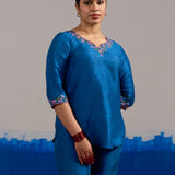 RA Studio Royal Blue Dupion Silk Tunic with Hand Embroidered Neckline and Sleeves