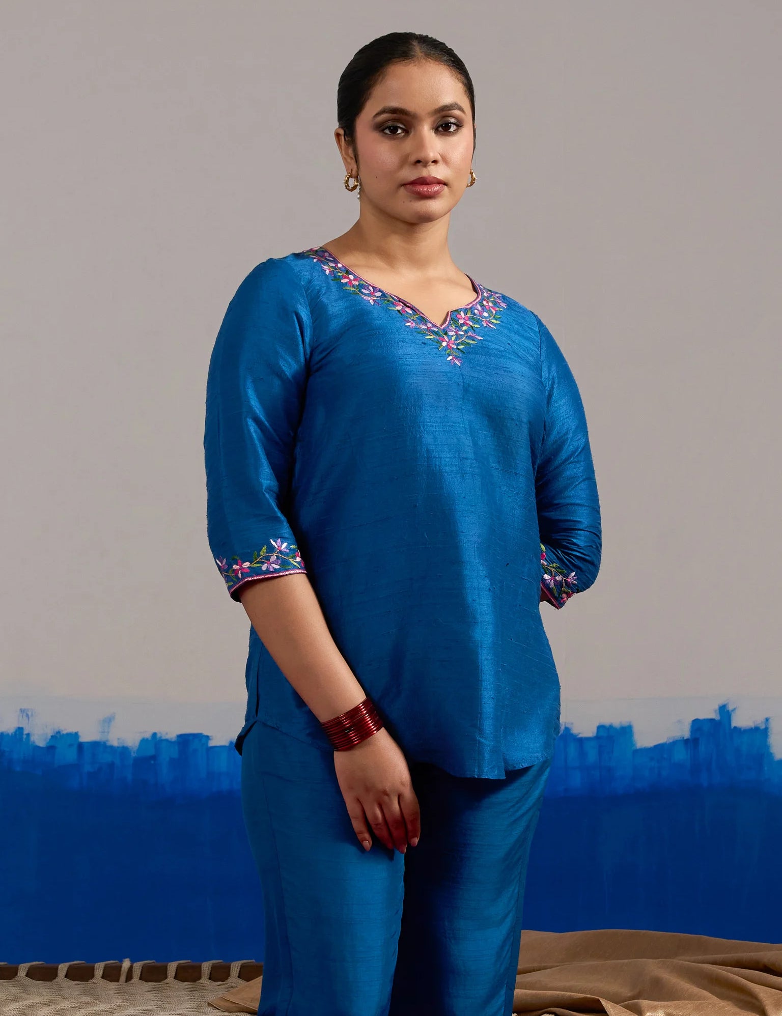 RA Studio Royal Blue Dupion Silk Tunic with Hand Embroidered Neckline and Sleeves