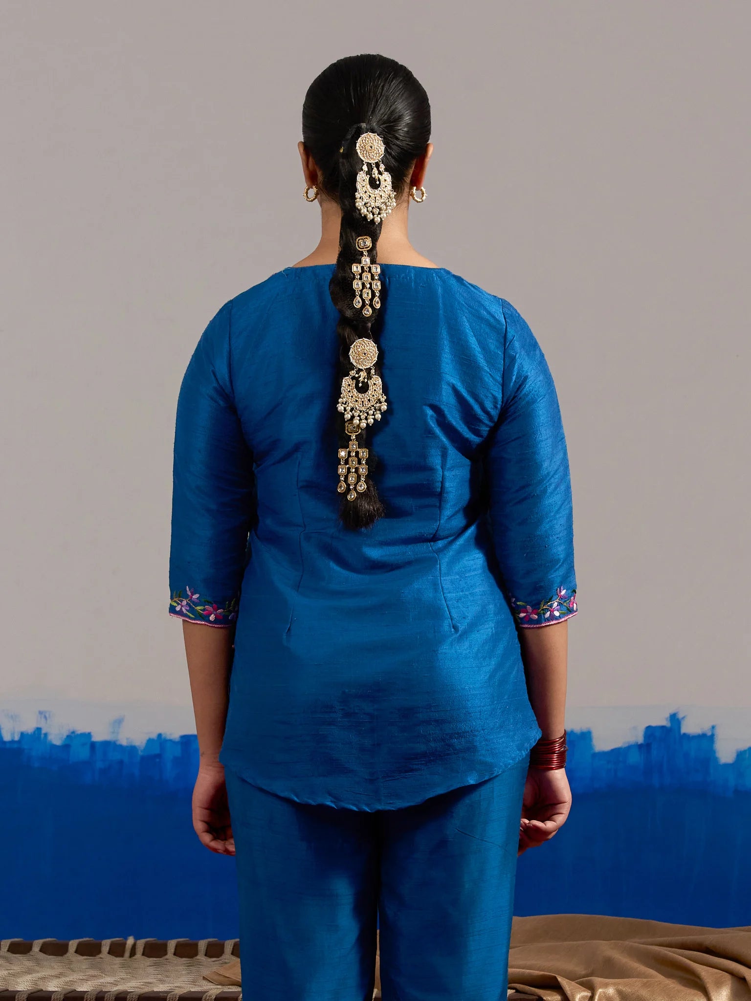 RA Studio Royal Blue Dupion Silk Tunic with Hand Embroidered Neckline and Sleeves