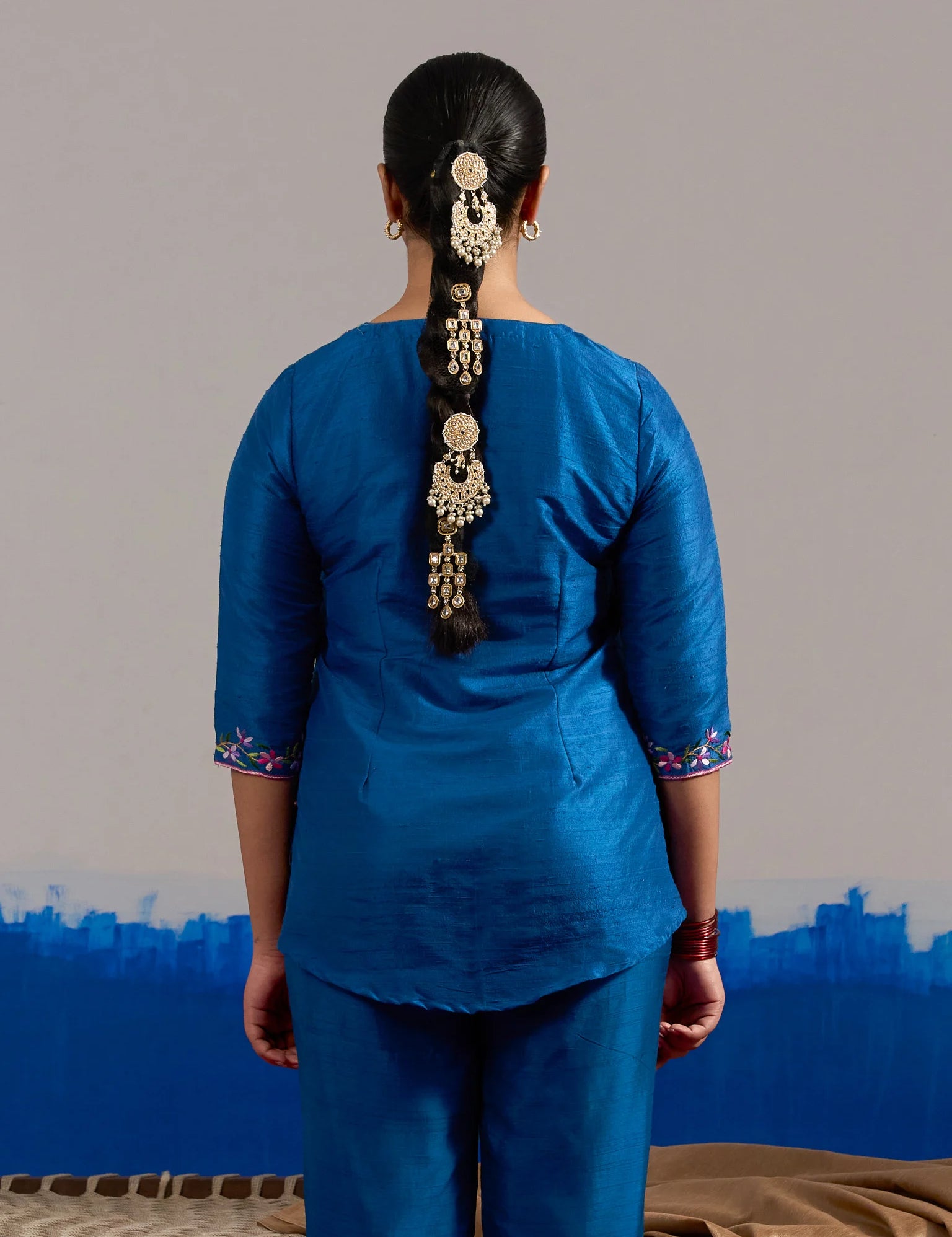 RA Studio Royal Blue Dupion Silk Tunic with Hand Embroidered Neckline and Sleeves