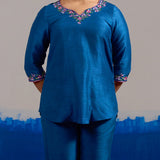 RA Studio Royal Blue Dupion Silk Tunic with Hand Embroidered Neckline and Sleeves