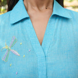 Mangalgiri Cotton Collared Shirt with Hand-Embroidered Dragonfly in Cool Blue