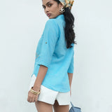 Mangalgiri Cotton Collared Shirt with Hand-Embroidered Dragonfly in Cool Blue