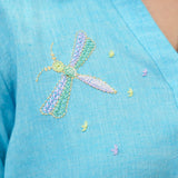Mangalgiri Cotton Collared Shirt with Hand-Embroidered Dragonfly in Cool Blue