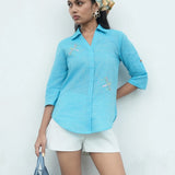 Mangalgiri Cotton Collared Shirt with Hand-Embroidered Dragonfly in Cool Blue