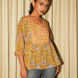 Mustard & Pink Sanganeri Block-Printed Cotton Angrakha Short Tunic with Tie-Up Neck