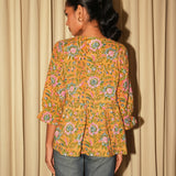 Mustard & Pink Sanganeri Block-Printed Cotton Angrakha Short Tunic with Tie-Up Neck