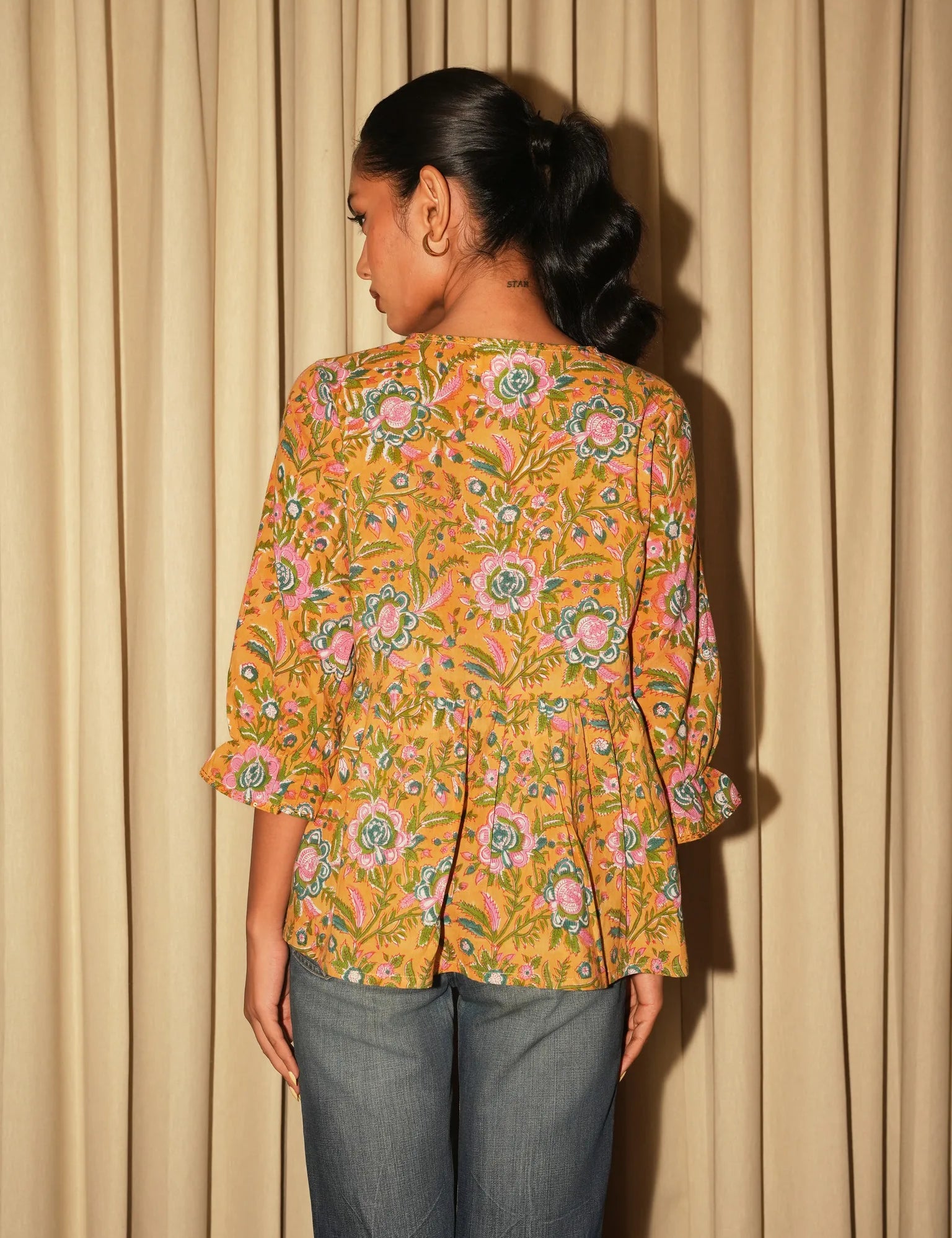 Mustard & Pink Sanganeri Block-Printed Cotton Angrakha Short Tunic with Tie-Up Neck