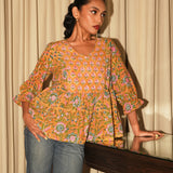 Mustard & Pink Sanganeri Block-Printed Cotton Angrakha Short Tunic with Tie-Up Neck