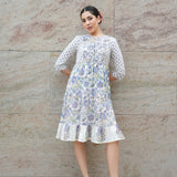 Sanganeri Block-Printed Cotton Two-Tier Dress in White & Cobalt Blue