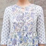 Sanganeri Block-Printed Cotton Two-Tier Dress in White & Cobalt Blue