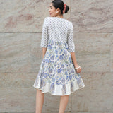 Sanganeri Block-Printed Cotton Two-Tier Dress in White & Cobalt Blue