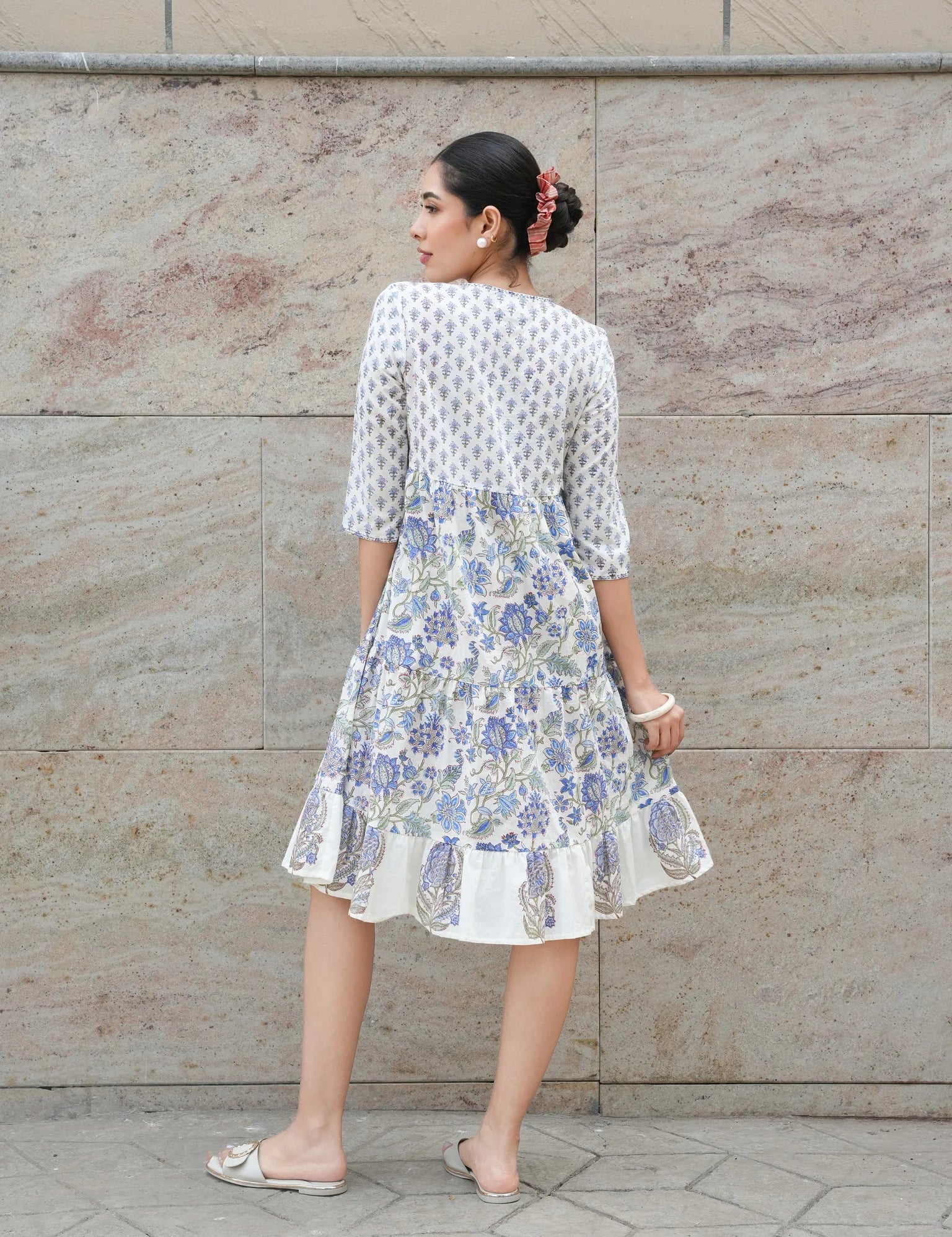Sanganeri Block-Printed Cotton Two-Tier Dress in White & Cobalt Blue