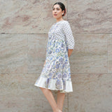 Sanganeri Block-Printed Cotton Two-Tier Dress in White & Cobalt Blue