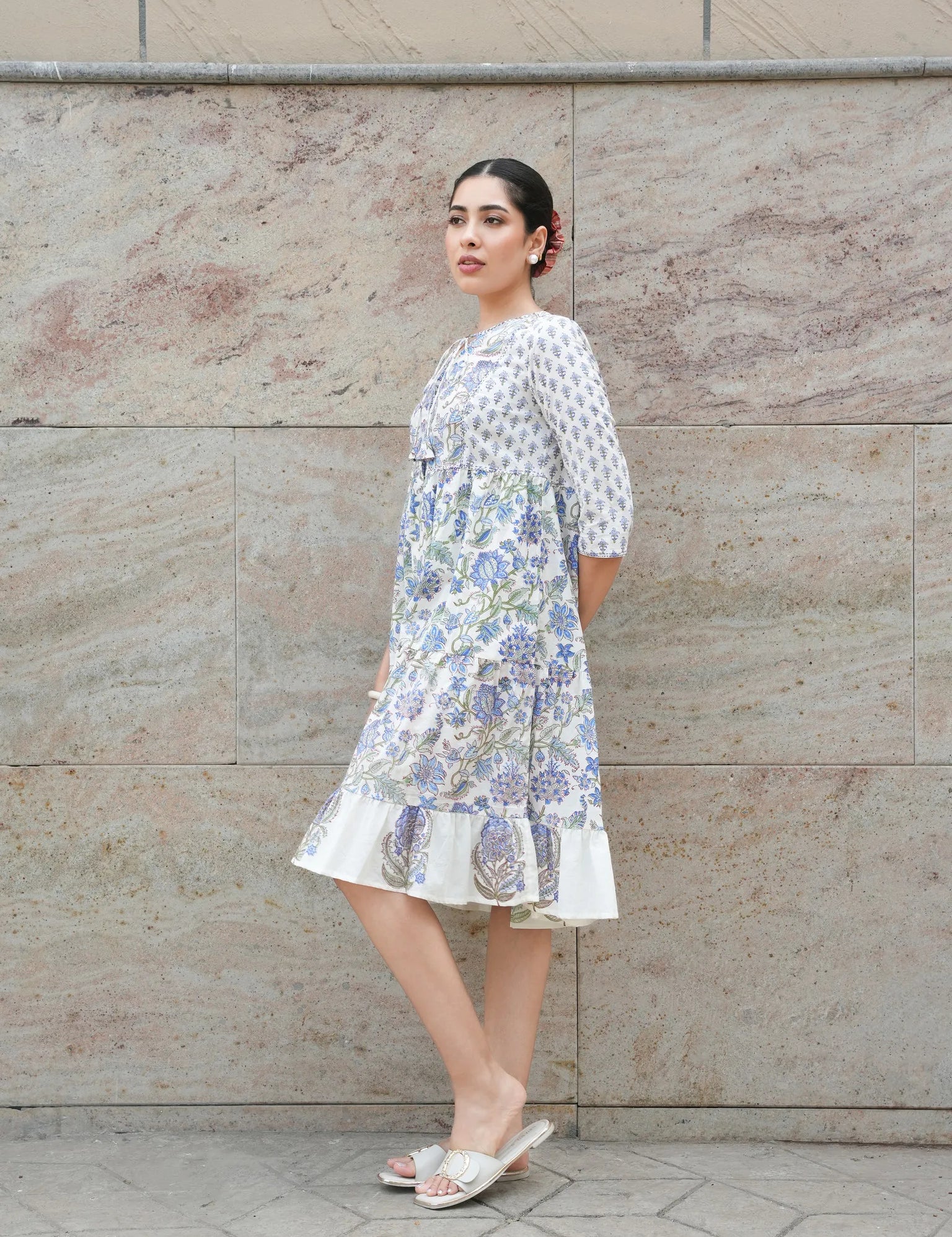 Sanganeri Block-Printed Cotton Two-Tier Dress in White & Cobalt Blue