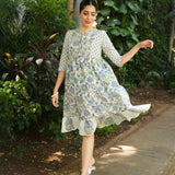 Sanganeri Block-Printed Cotton Two-Tier Dress in White & Cobalt Blue