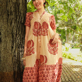 Sanganeri Beige & Peach Block-Printed Cotton Tiered Umpire Dress with 3/4 Sleeves