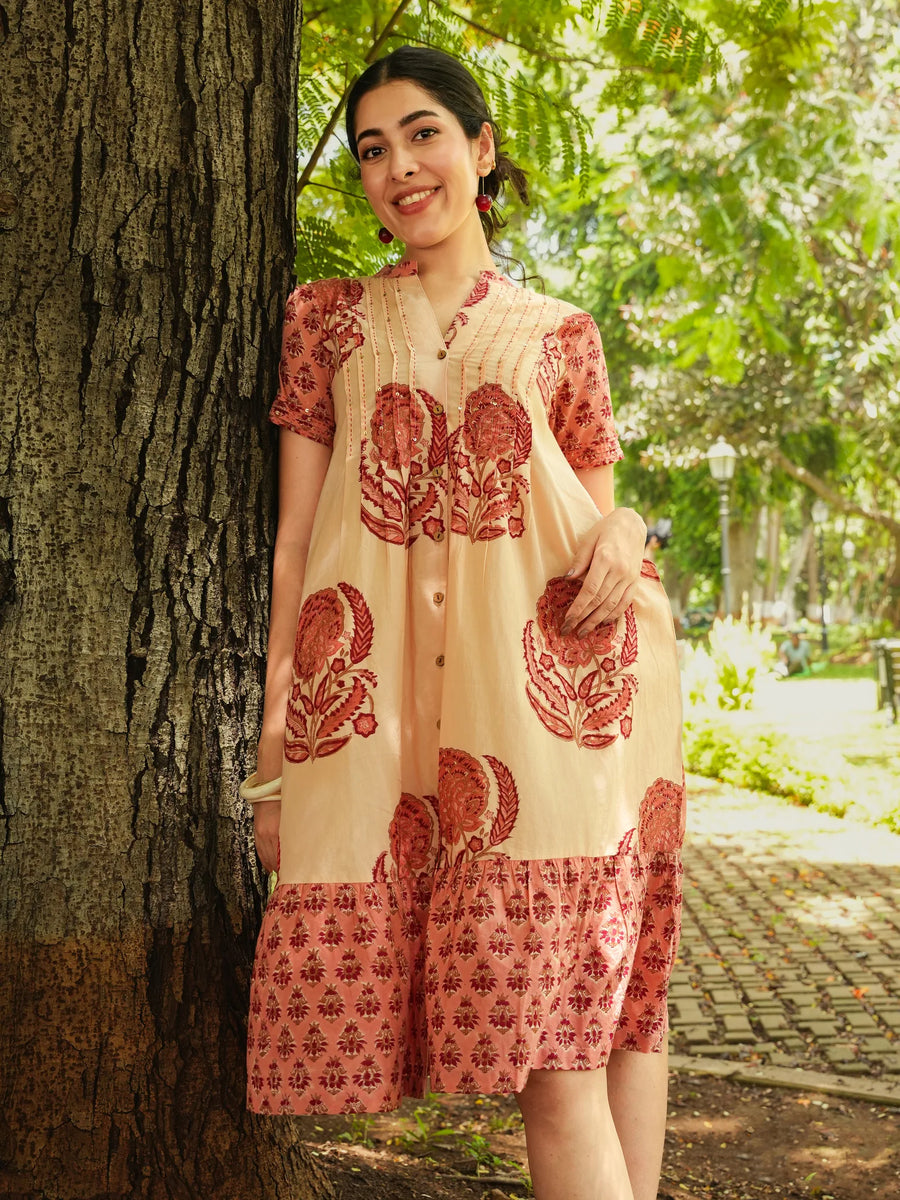 Sanganeri beige peach dress women