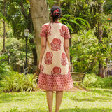 Sanganeri Beige & Peach Block-Printed Cotton Tiered Umpire Dress with 3/4 Sleeves