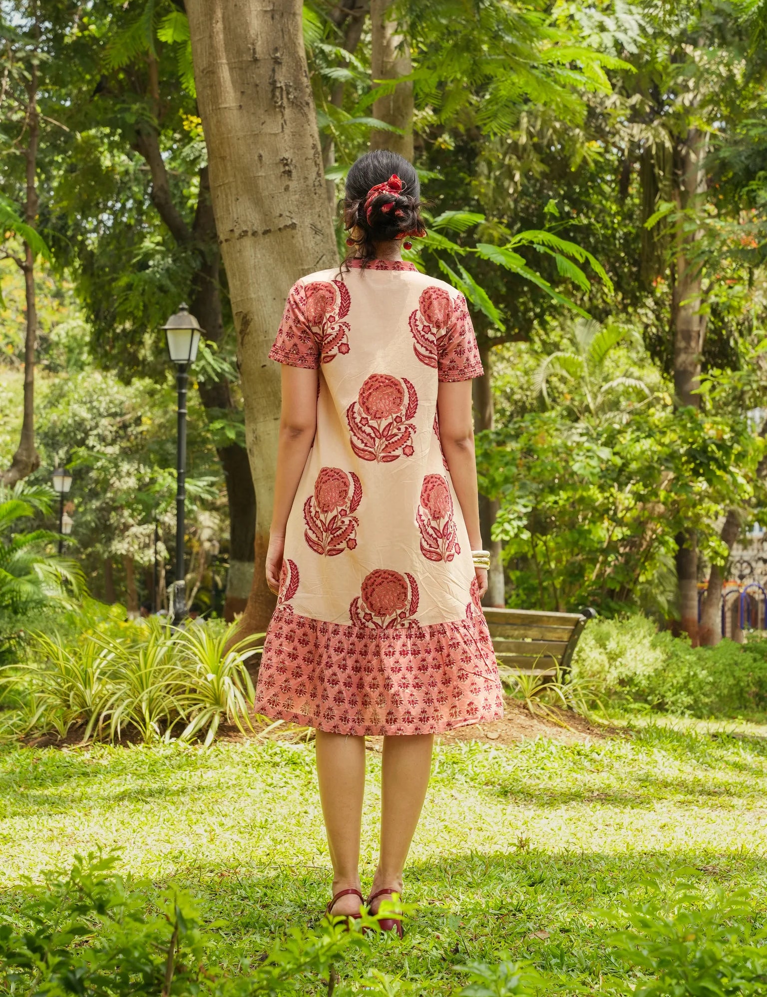 Sanganeri Beige & Peach Block-Printed Cotton Tiered Umpire Dress with 3/4 Sleeves
