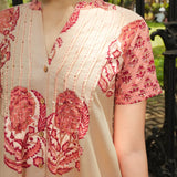 Sanganeri Beige & Peach Block-Printed Cotton Tiered Umpire Dress with 3/4 Sleeves
