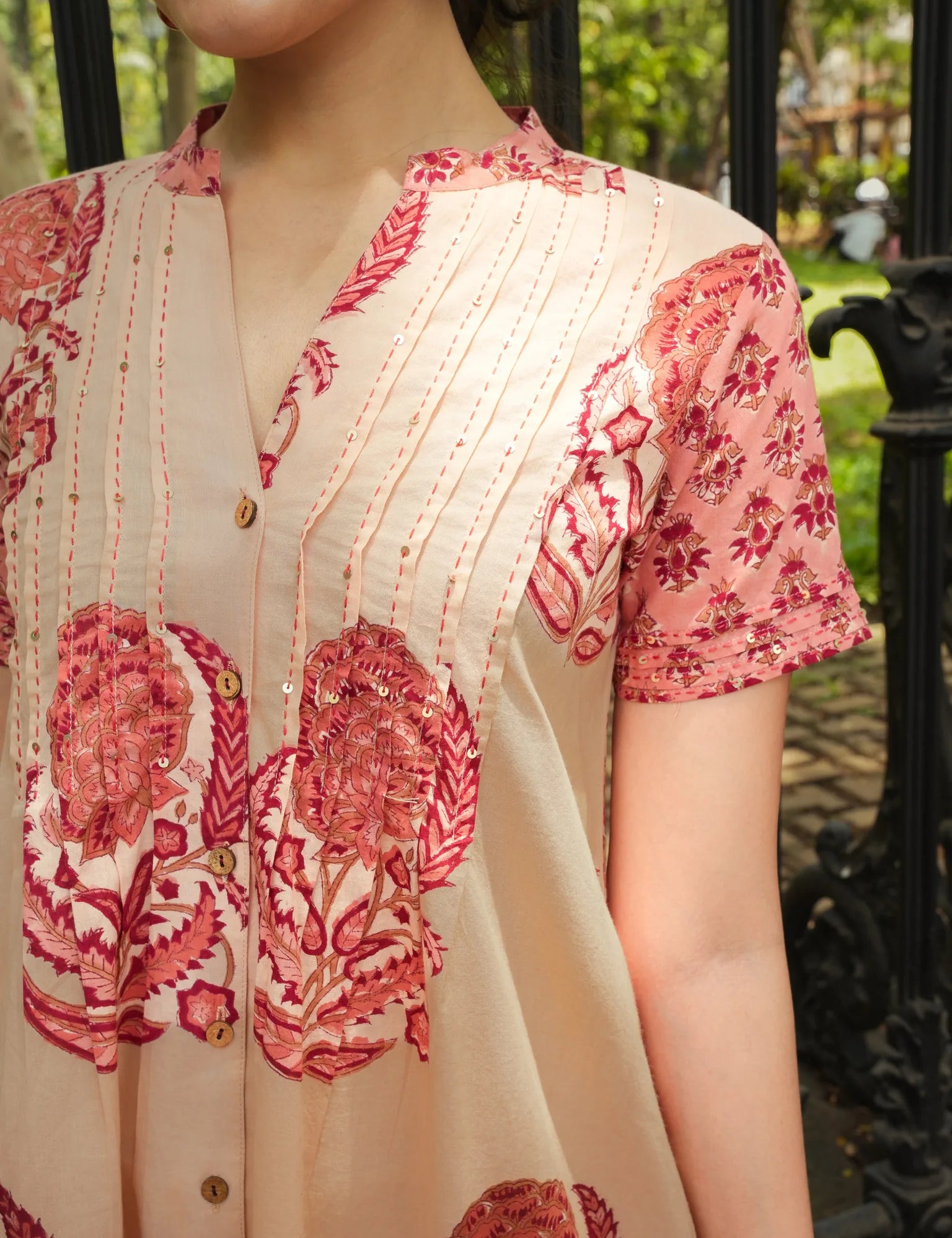 Sanganeri Beige & Peach Block-Printed Cotton Tiered Umpire Dress with 3/4 Sleeves