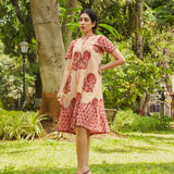 Sanganeri Beige & Peach Block-Printed Cotton Tiered Umpire Dress with 3/4 Sleeves