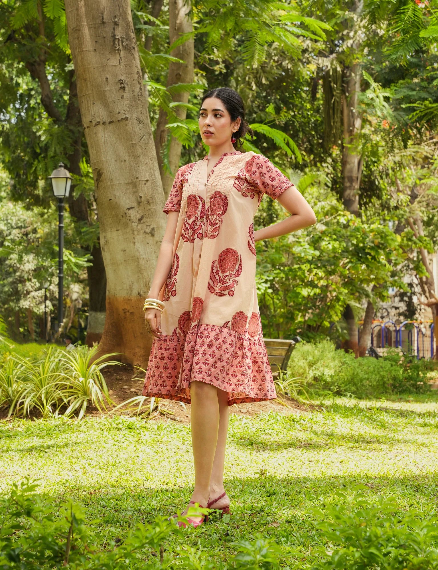 Sanganeri Beige & Peach Block-Printed Cotton Tiered Umpire Dress with 3/4 Sleeves