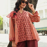 Peach Block Printed Stripe & Buti Side-Gather Front-Open Tunic with Loop Buttons