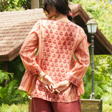 Peach Block Printed Stripe & Buti Side-Gather Front-Open Tunic with Loop Buttons