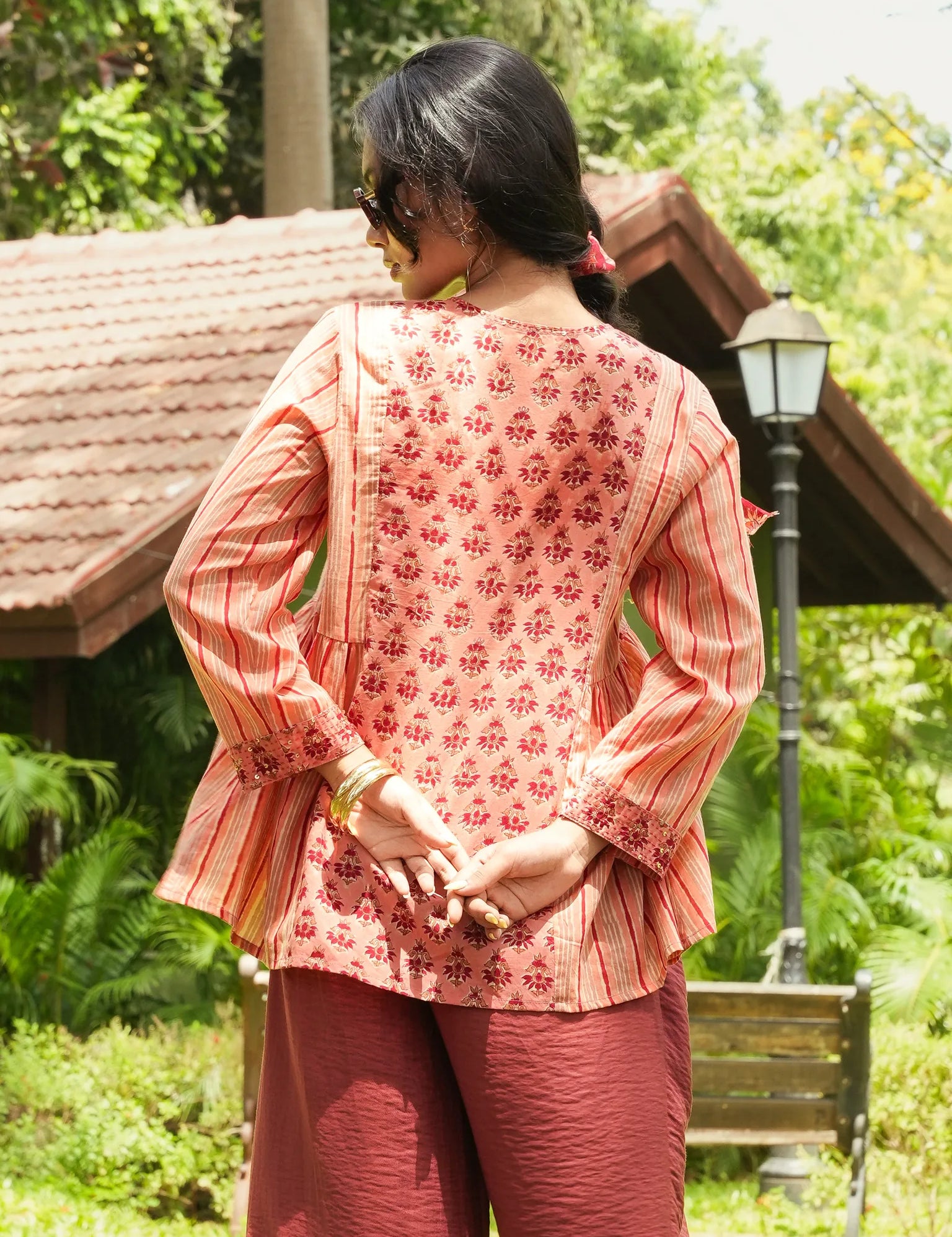 Peach Block Printed Stripe & Buti Side-Gather Front-Open Tunic with Loop Buttons