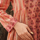 Peach Block Printed Stripe & Buti Side-Gather Front-Open Tunic with Loop Buttons
