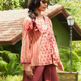 Peach Block Printed Stripe & Buti Side-Gather Front-Open Tunic with Loop Buttons