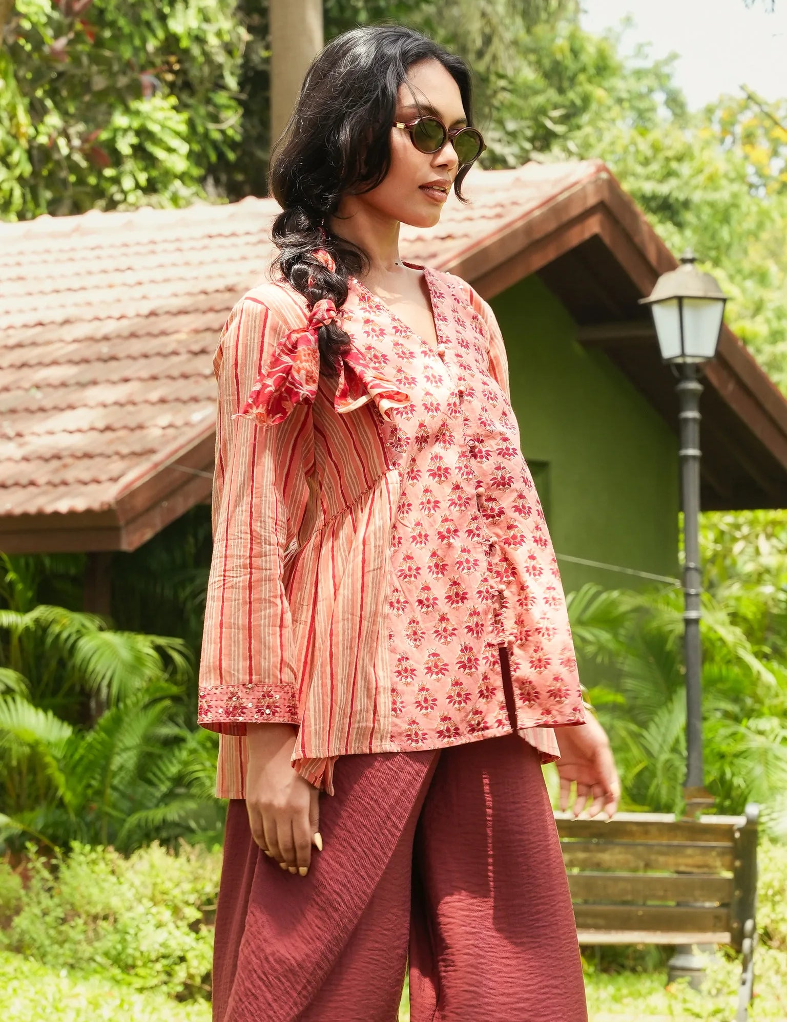 Peach Block Printed Stripe & Buti Side-Gather Front-Open Tunic with Loop Buttons