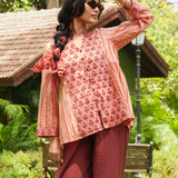Peach Block Printed Stripe & Buti Side-Gather Front-Open Tunic with Loop Buttons