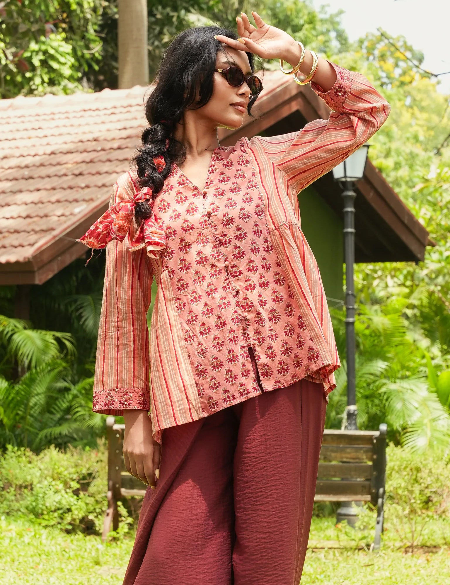 Peach Block Printed Stripe & Buti Side-Gather Front-Open Tunic with Loop Buttons