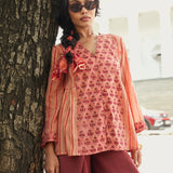 Peach Block Printed Stripe & Buti Side-Gather Front-Open Tunic with Loop Buttons