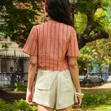 Peach Red-Beige Stripe V-Neck Side-Tie Crop Top