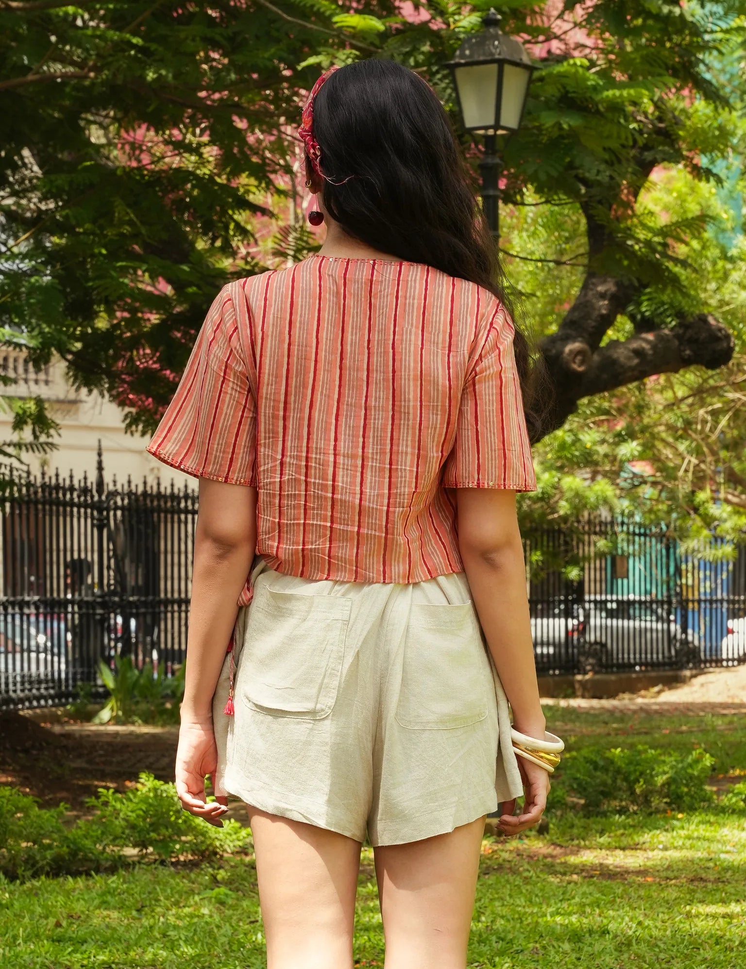 Peach Red-Beige Stripe V-Neck Side-Tie Crop Top